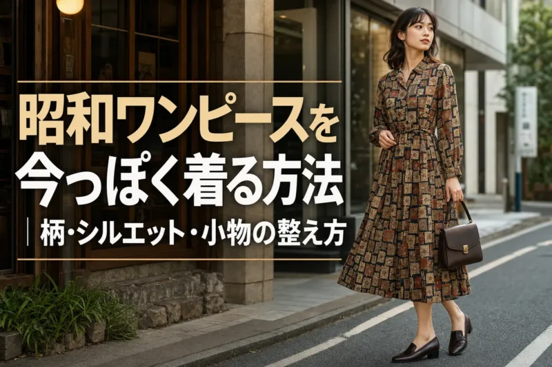 昭和風の柄ワンピースを現代的な小物と合わせた女性。
