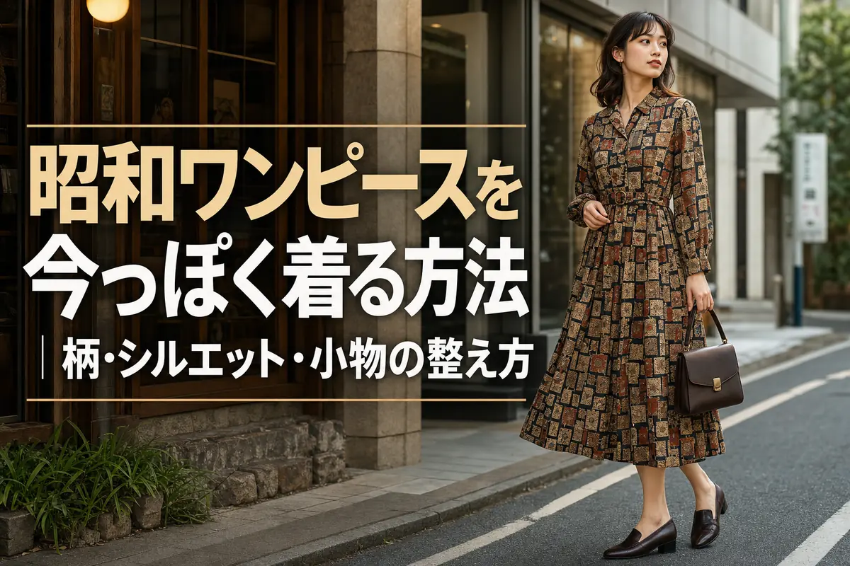 昭和風の柄ワンピースを現代的な小物と合わせた女性。