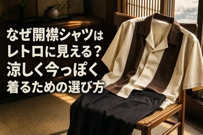夏の光が差す部屋に開襟シャツと濃色パンツを合わせた着こなし。