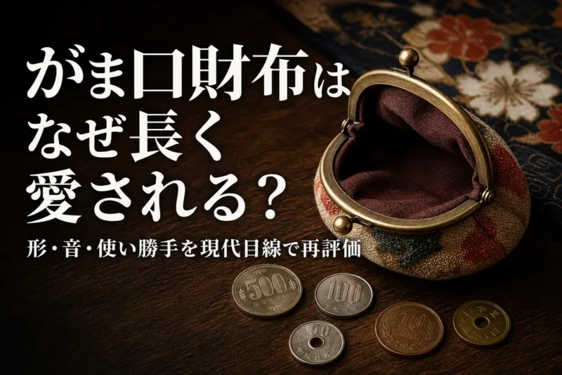 木のテーブルに開いたがま口財布と硬貨が並んでいる。