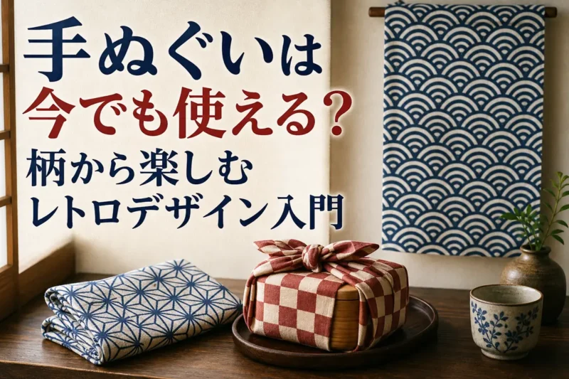 伝統柄の手ぬぐいを包む・拭く・飾る用途で並べた様子。