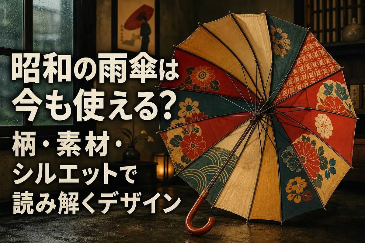 昭和風の花柄と幾何学模様が広がるレトロな雨傘。