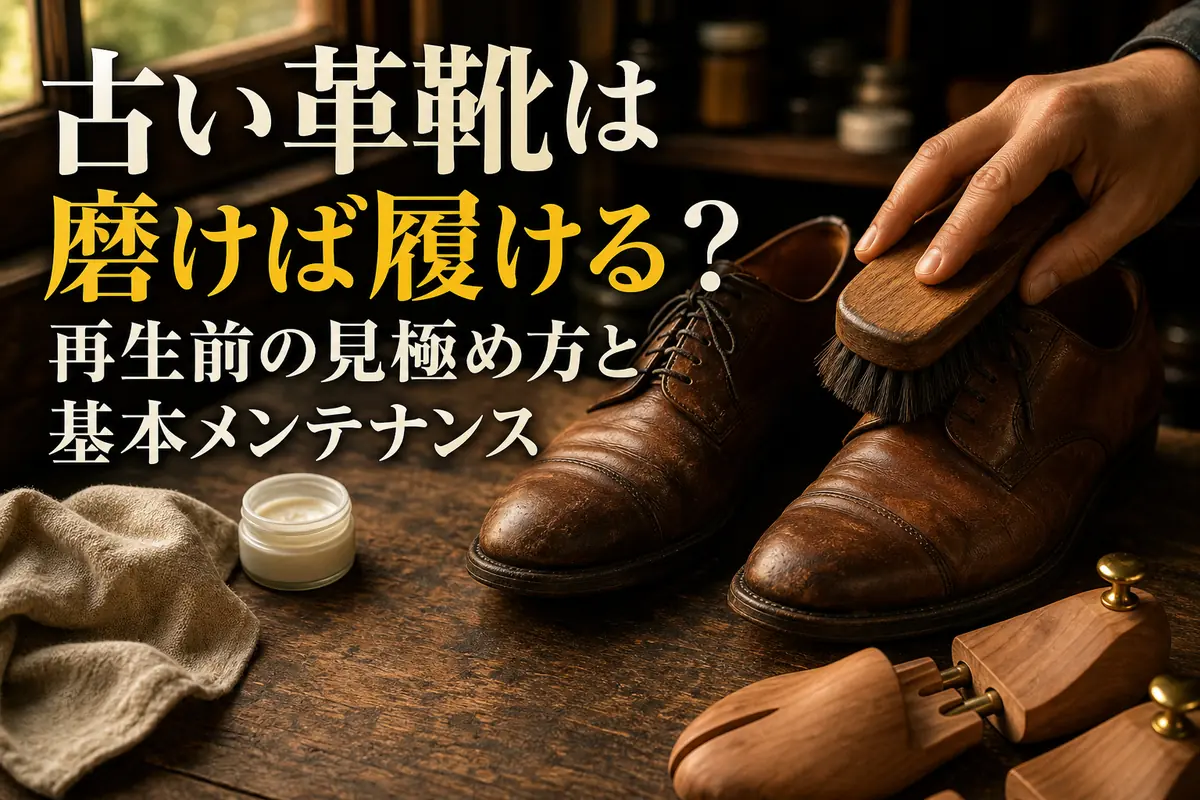 木の作業台で古い茶色の革靴をブラシで手入れしている様子。