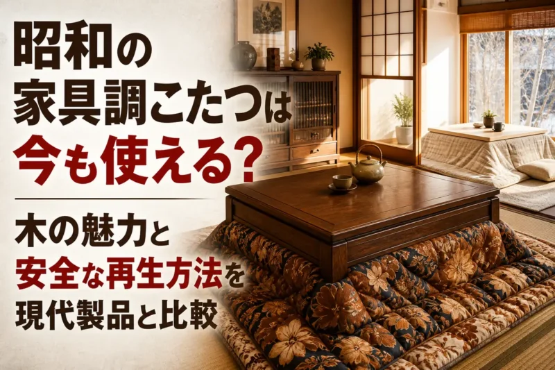 昭和の重厚な家具調こたつと現代的なこたつを比べた和室の風景。