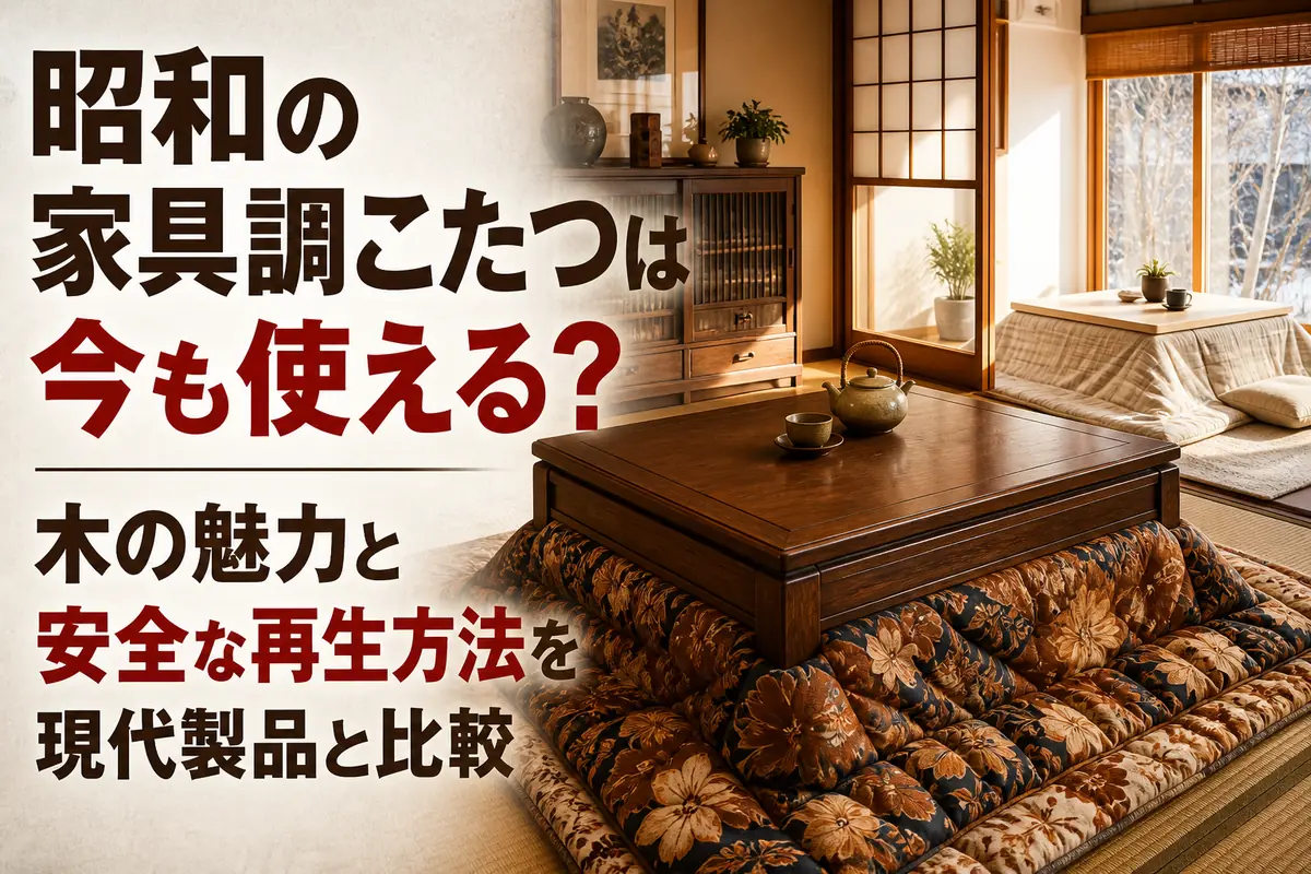 昭和の重厚な家具調こたつと現代的なこたつを比べた和室の風景。