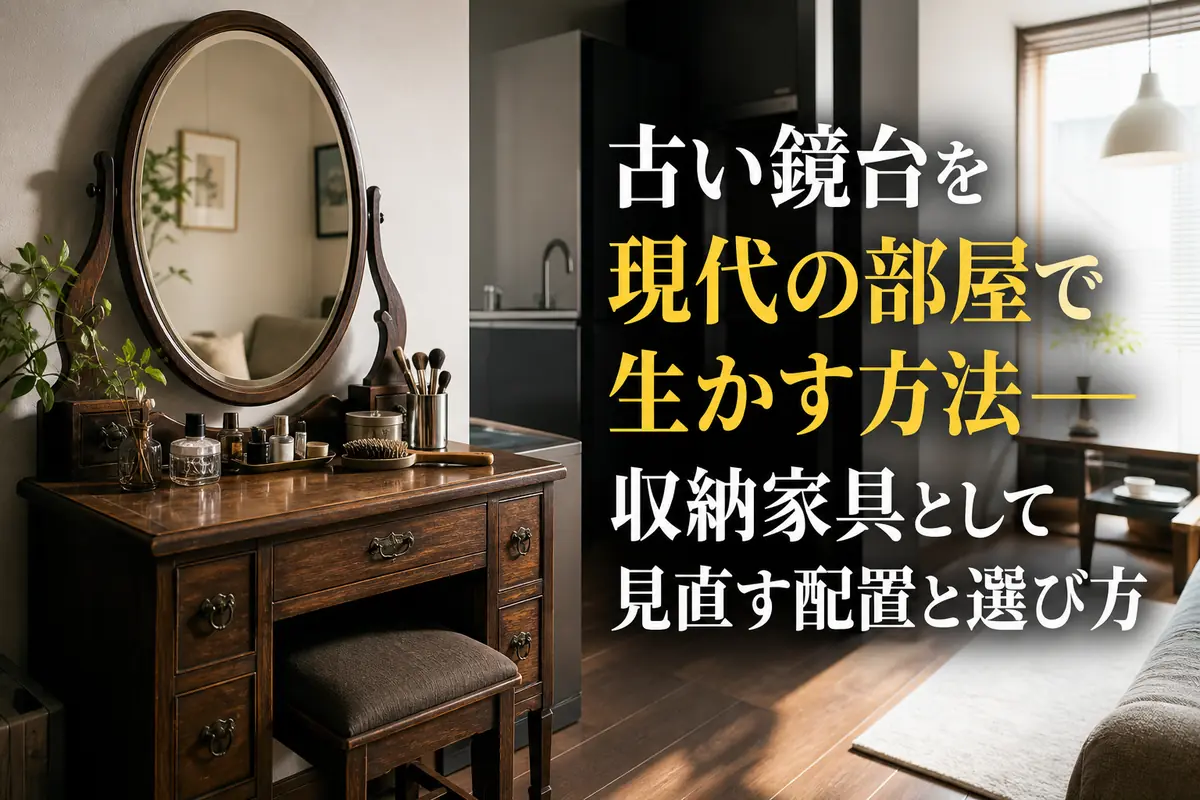 現代の明るい部屋に置かれた木製の古い鏡台。