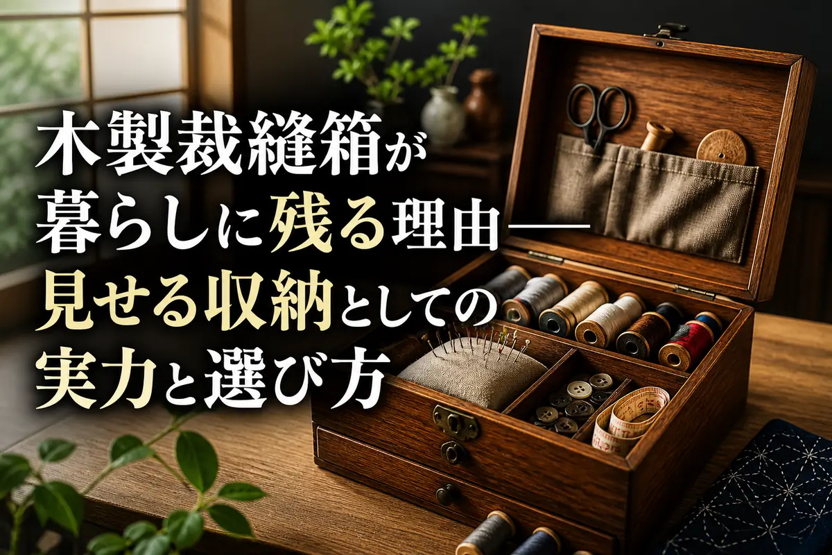 木製裁縫箱に糸やはさみなどの裁縫道具が整然と収められている。
