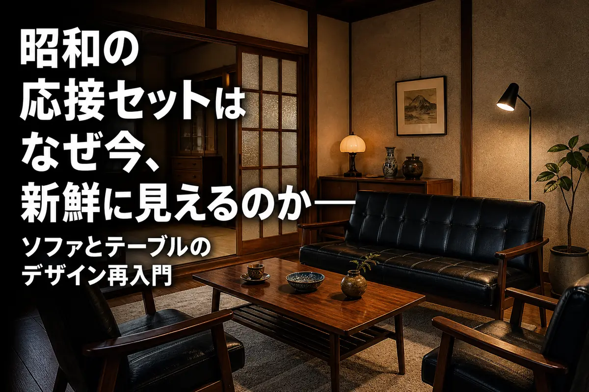 木肘ソファと低いテーブルを組み合わせた昭和の応接セット。