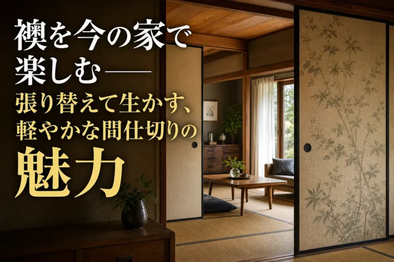 レトロな柄の襖が和室と現代的な居間を柔らかく仕切っている。