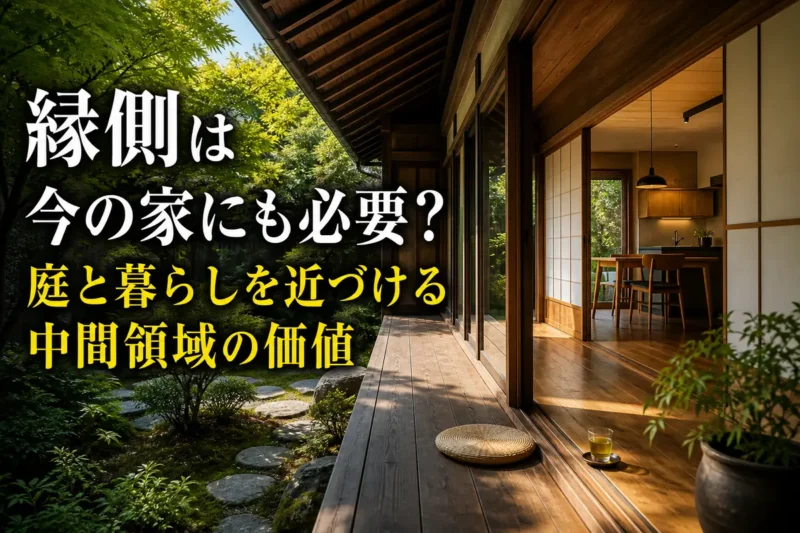 木の縁側が和室と緑の庭を穏やかにつないでいる。