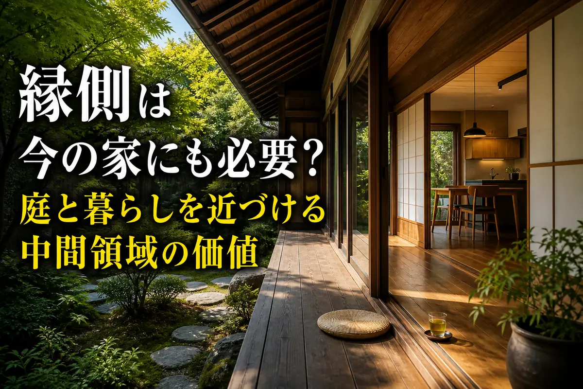 木の縁側が和室と緑の庭を穏やかにつないでいる。