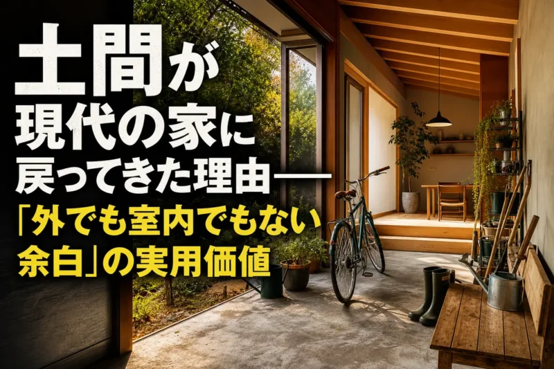 自転車や園芸用品を置ける現代住宅の明るい土間空間。