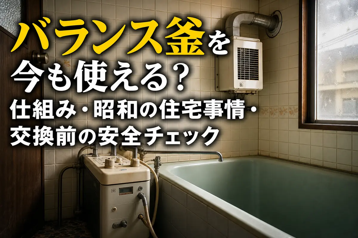 昭和期の浴室で浴槽の横に設置されたバランス釜。