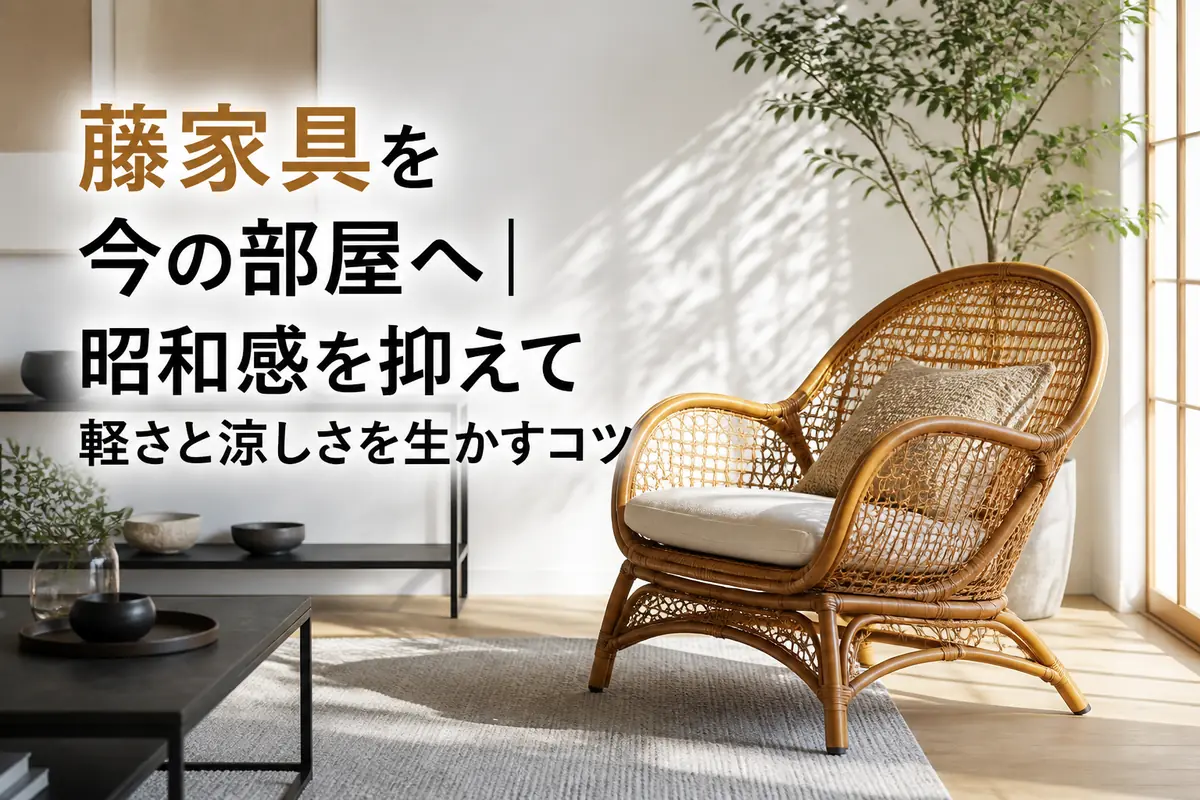 現代的な明るいリビングに天然籐の椅子を一脚置いた室内。