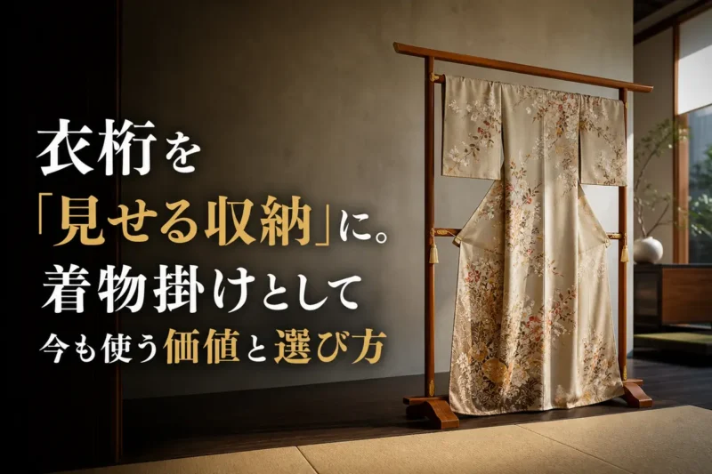 現代的な和の室内で衣桁に着物を掛けた様子。