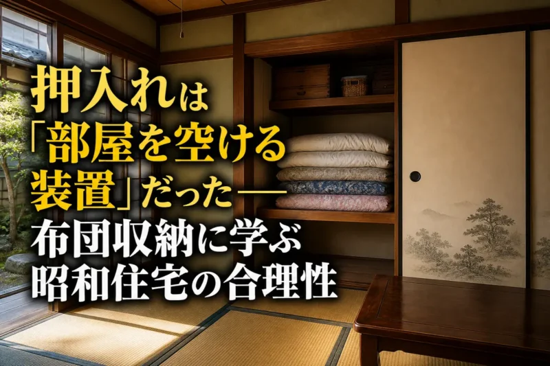 昭和の和室にある押入れへ布団が整然と収納された様子。