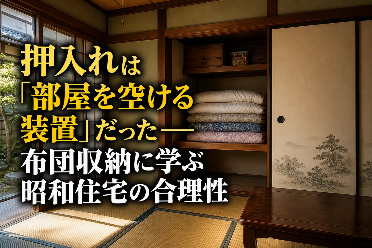 昭和の和室にある押入れへ布団が整然と収納された様子。