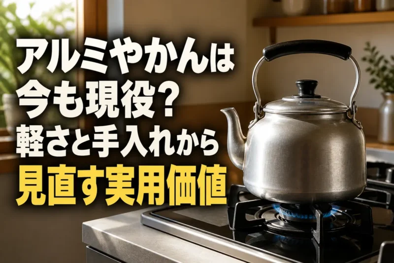 現代のキッチンに置かれた昔ながらのアルミやかん。