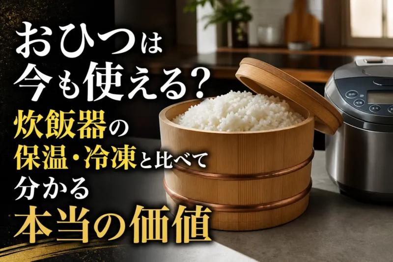 木製のおひつと現代の炊飯器を並べて、ご飯の保存方法を比較した様子。
