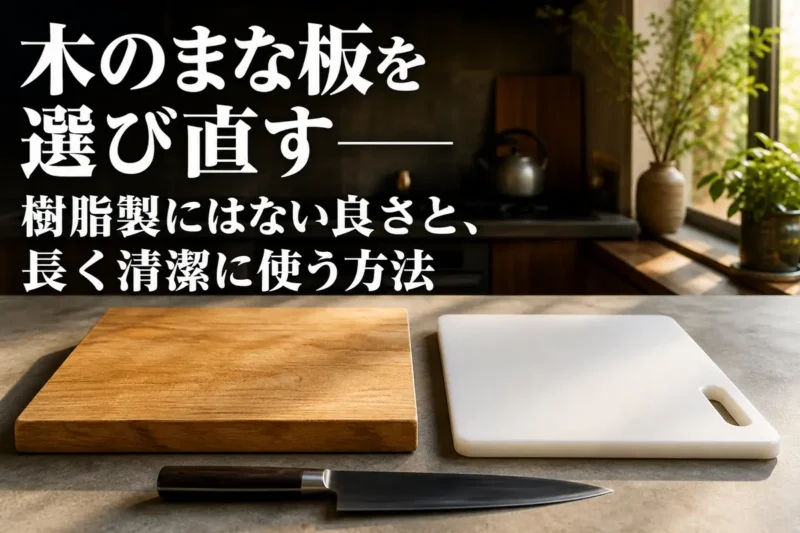 木製と樹脂製のまな板を現代の台所に並べた比較イメージ。
