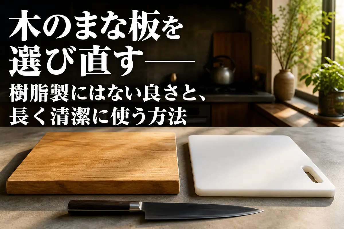木製と樹脂製のまな板を現代の台所に並べた比較イメージ。