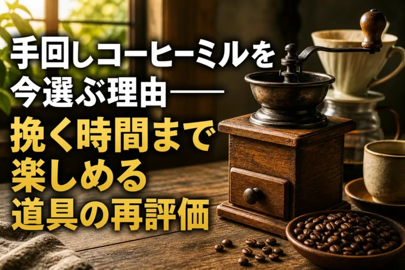木製の手回しコーヒーミルと豆、ドリッパーが並ぶ朝のテーブル。