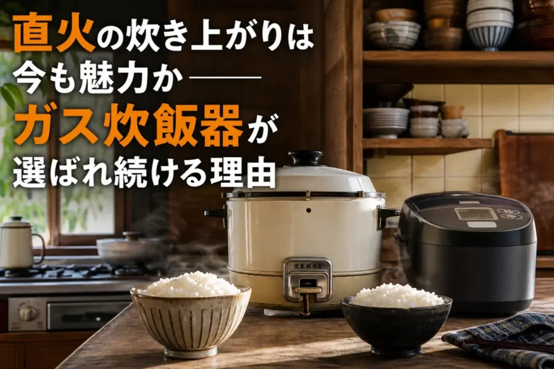 昔ながらのガス炊飯器と現代の電気炊飯器を並べて比較する台所。