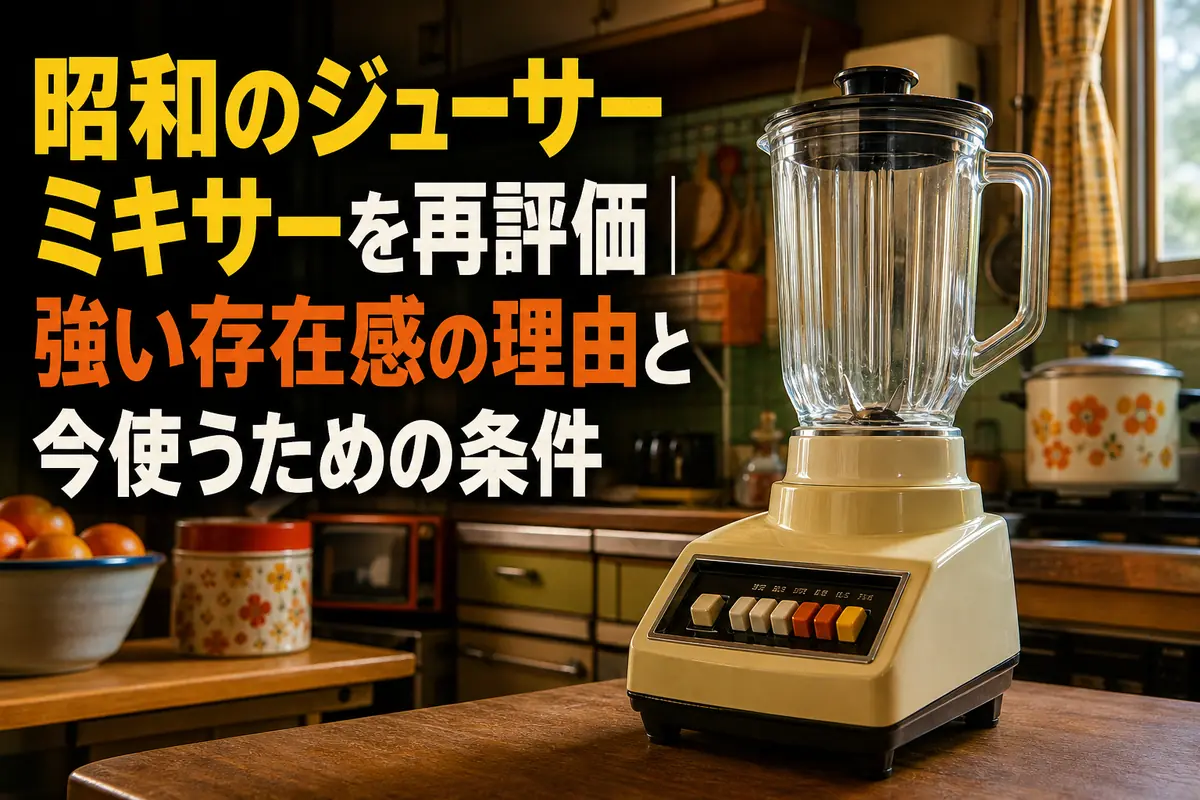 昭和の台所に置かれたガラス容器付きのジューサーミキサー。