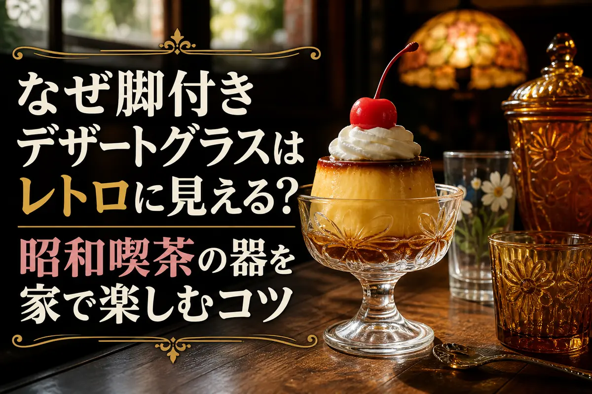 昭和喫茶風の脚付きグラスにプリンを盛り付けた食卓。