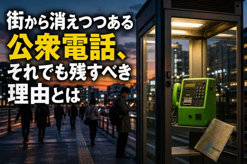 街角の電話ボックスに残る緑色の公衆電話。