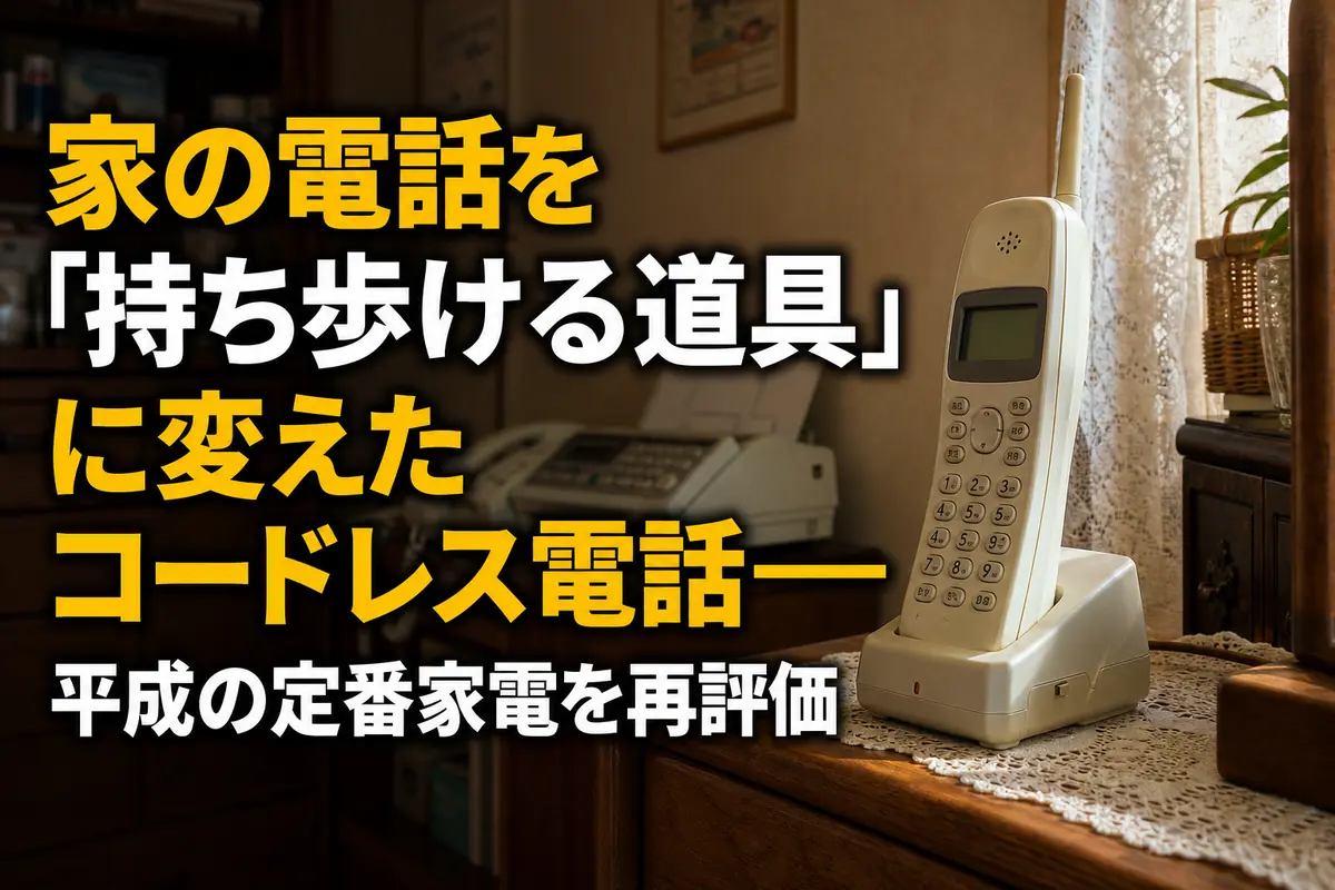 平成期の家庭に置かれた親機と子機付きのコードレス電話。