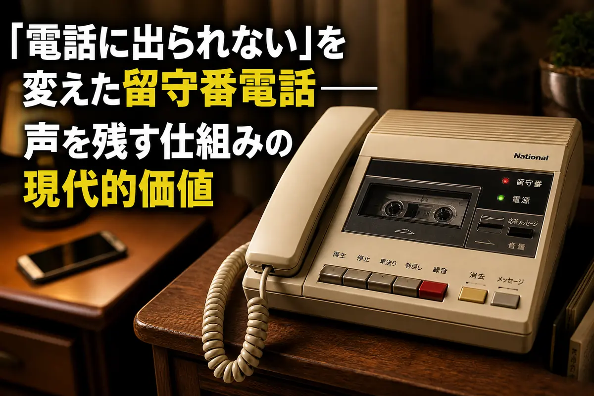 カセット式の留守番電話機とスマートフォンを対比した室内風景。