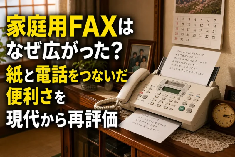 電話機と一体になった家庭用FAXから紙が出ている1990年代風の室内。