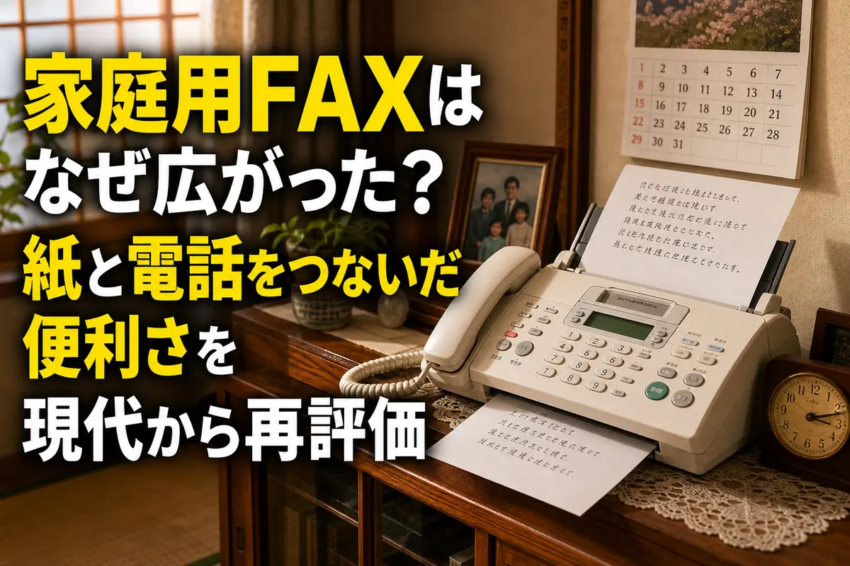 電話機と一体になった家庭用FAXから紙が出ている1990年代風の室内。