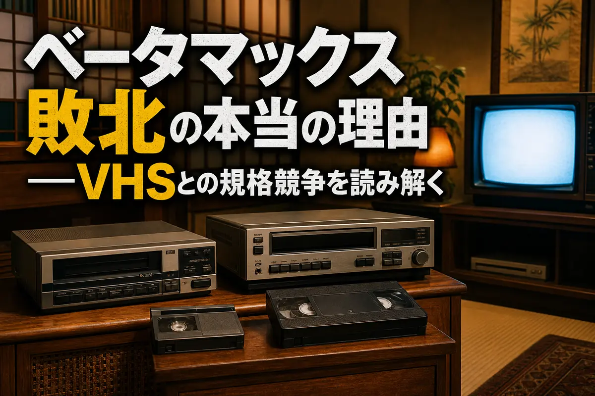 ベータマックスとVHSのカセット、ビデオデッキを並べた昭和風の室内。