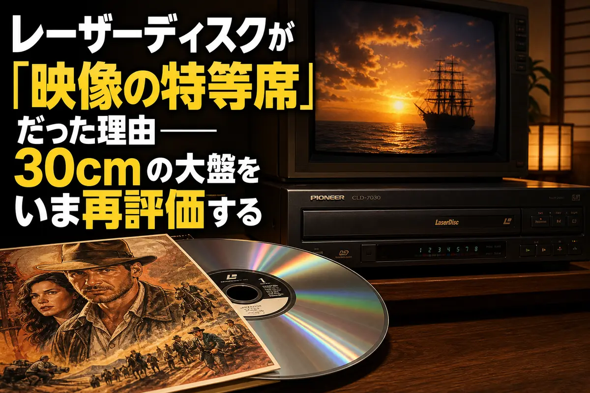 大判ジャケットから銀色のレーザーディスクを取り出したレトロな映像鑑賞風景。