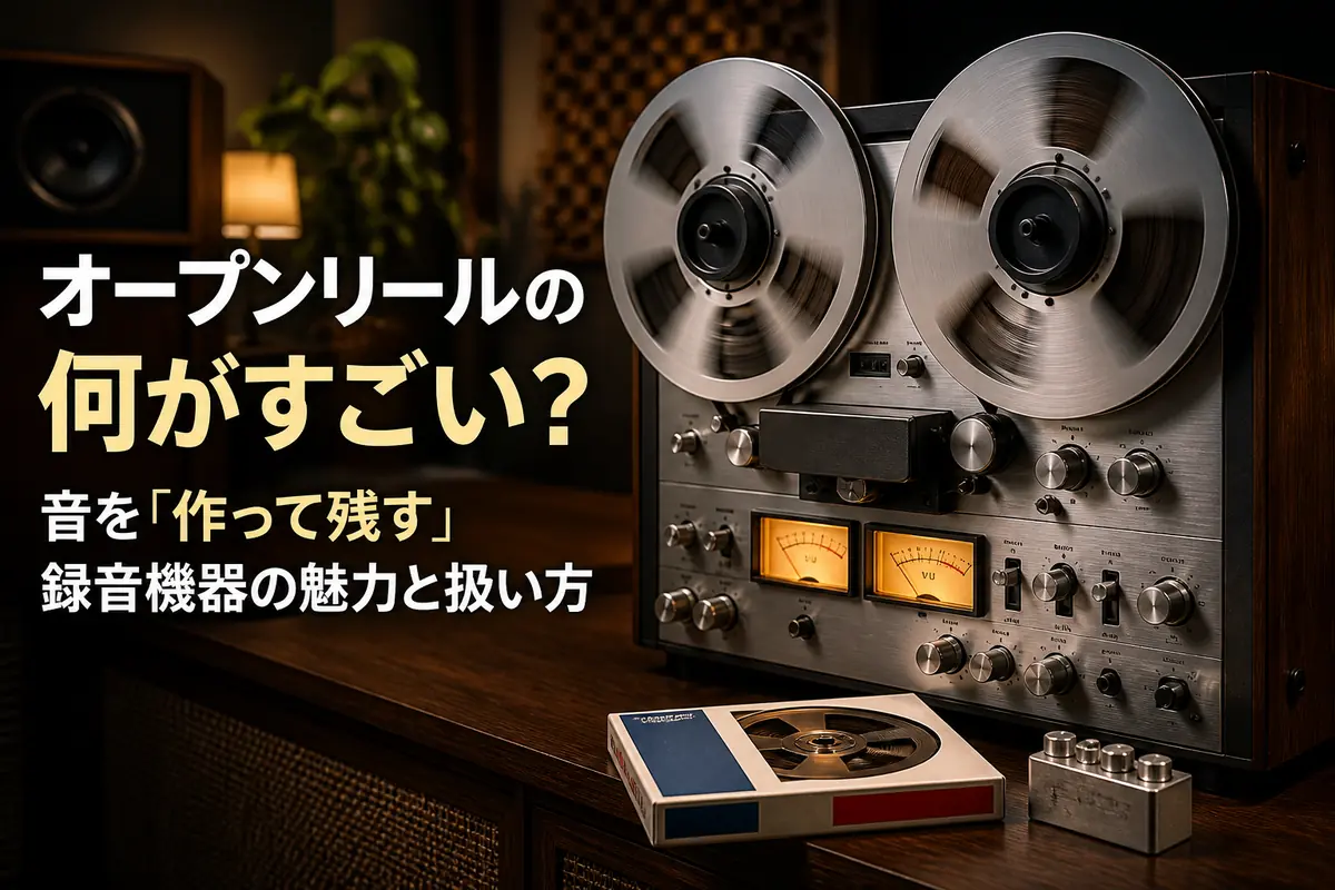 暖色のVUメーターが光るオープンリールデッキと録音テープ。