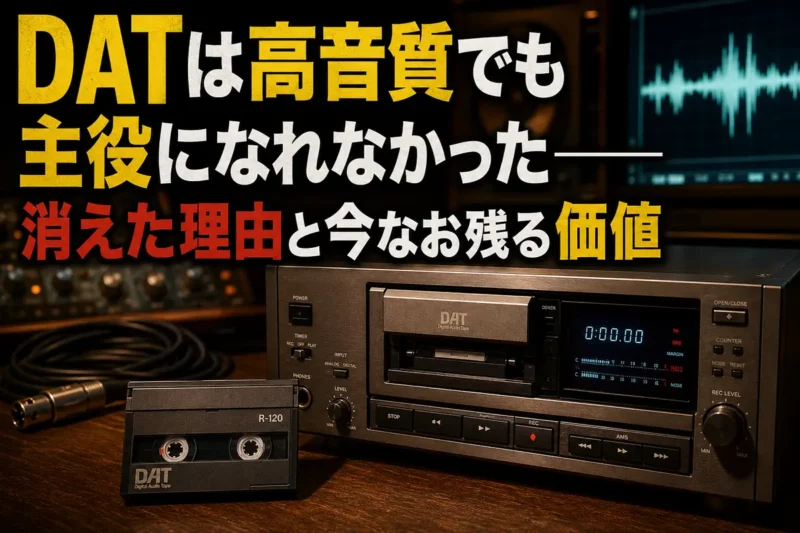 DATデッキと小型のDATカセットを並べた録音スタジオの風景。