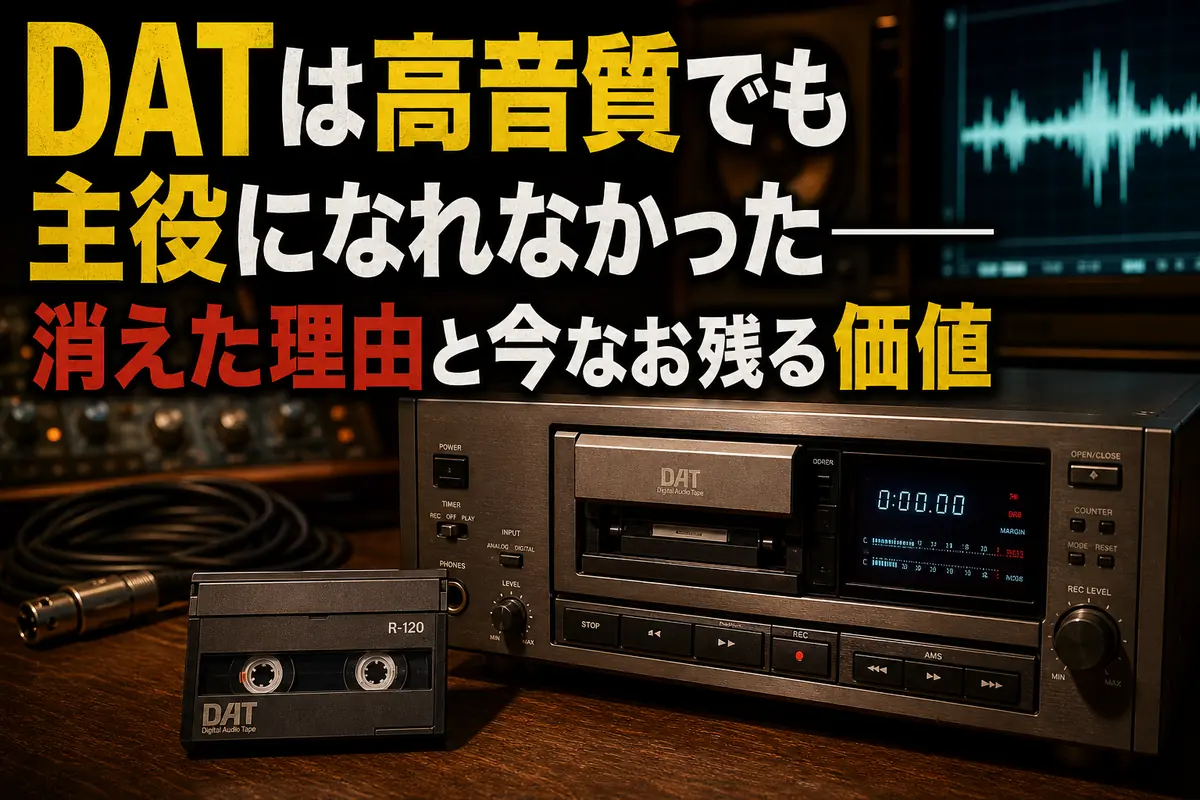 DATデッキと小型のDATカセットを並べた録音スタジオの風景。