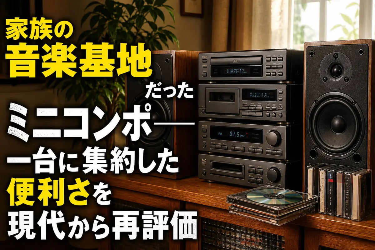 木製キャビネットに置かれた本体分離型のレトロなミニコンポ。