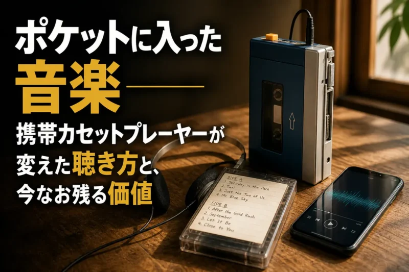携帯カセットプレーヤーとカセット、現代のスマートフォンを並べた比較イメージ。