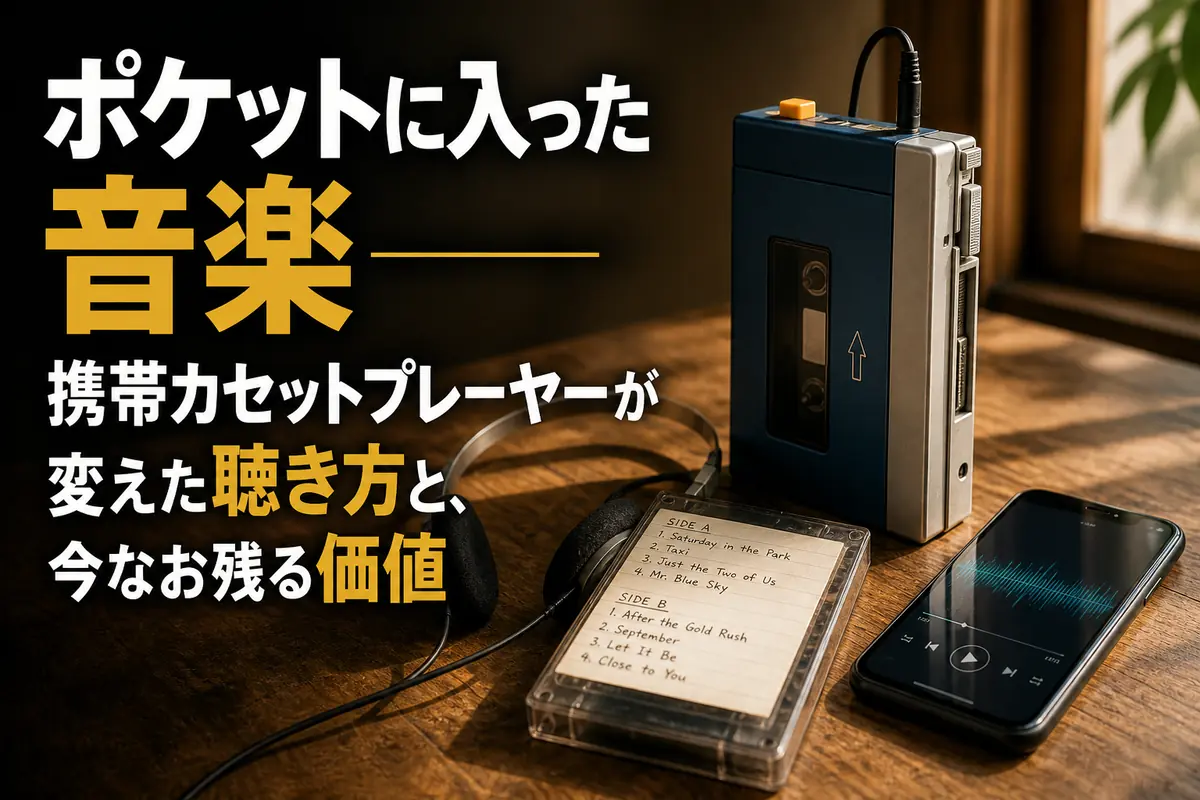 携帯カセットプレーヤーとカセット、現代のスマートフォンを並べた比較イメージ。