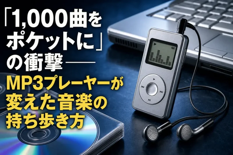 MP3プレーヤーとイヤホン、CD、ノートパソコンを並べた2000年代風の風景。