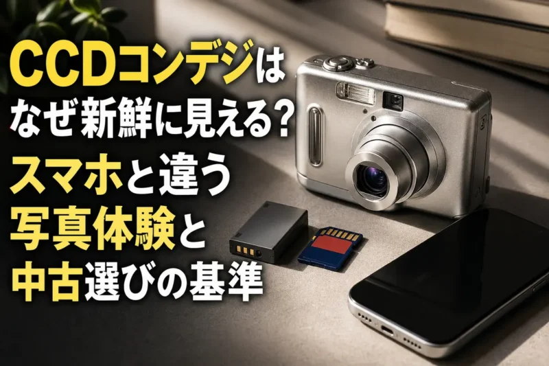 銀色のCCDコンデジとスマートフォンを並べて比較したイメージ。