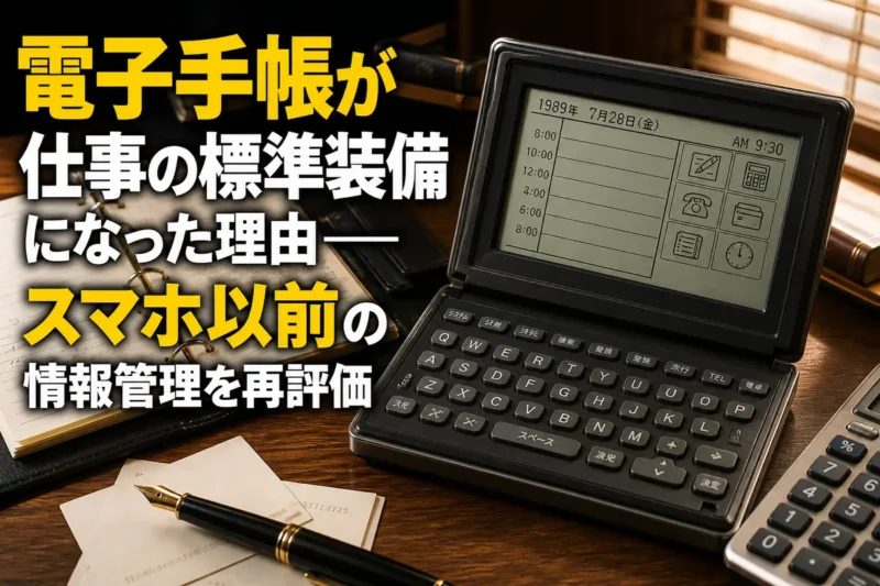 紙の手帳や名刺と並べた1980年代風の電子手帳。