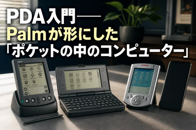 Palm型端末や小型キーボード端末など、1990年代のPDAを並べたイメージ。