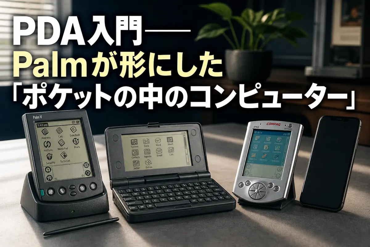 Palm型端末や小型キーボード端末など、1990年代のPDAを並べたイメージ。