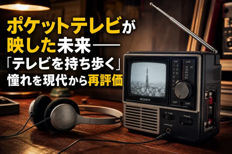 アンテナを伸ばした1980年代風のポケットテレビ。