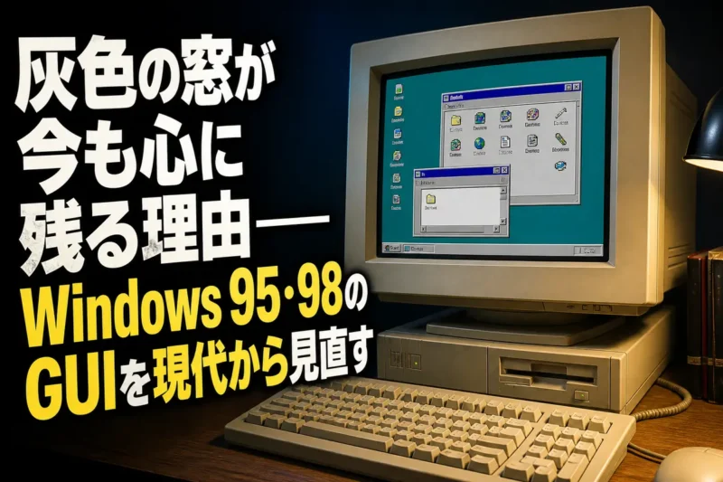 CRTモニターに90年代風のGUIが映るレトロなデスクトップパソコン。