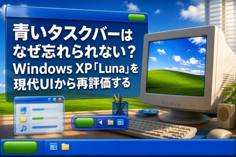 青と緑のLuna風画面を映すレトロなデスクトップPC。